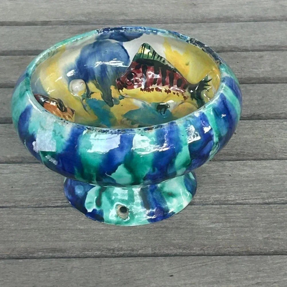 Italian Rustic Hand Painted Grotesque Majolica Pottery Sea Life Footed Dish Bowl - Picture 6 of 13